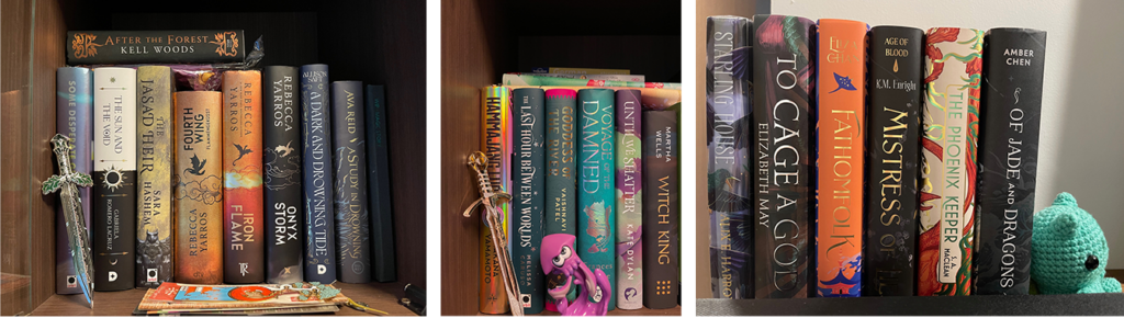 Three photos of books on shelves